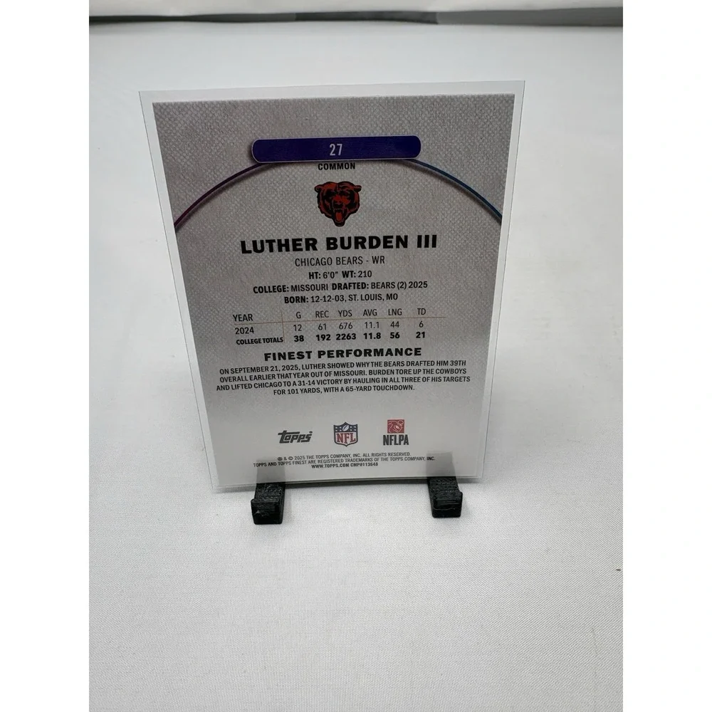 2025 Topps Finest LUTHER BURDEN RC Purple Refractor Serial /250 Card#27 BEARS